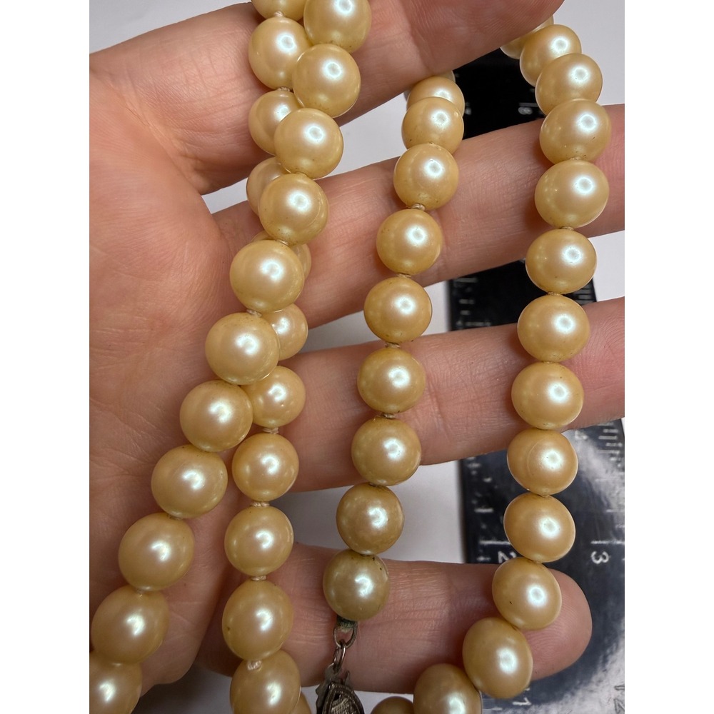 Vintage Hand Knotted Faux Pearl Necklace Sterling Silver Filigree Clasp 17in